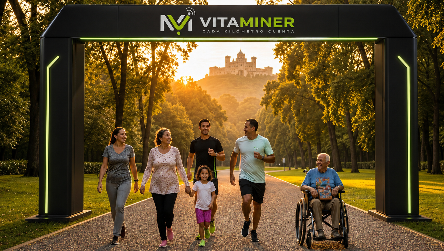 VitaMiner checkpoint arch in a public park at dawn